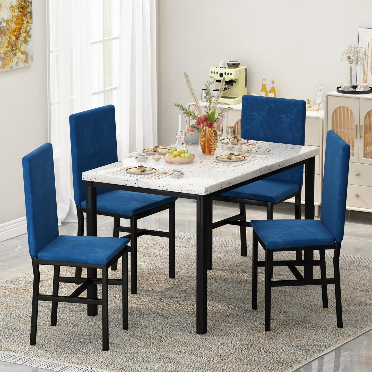 AWQM Modern Style Faux Marble Velvet Chairs Dining Table for 4