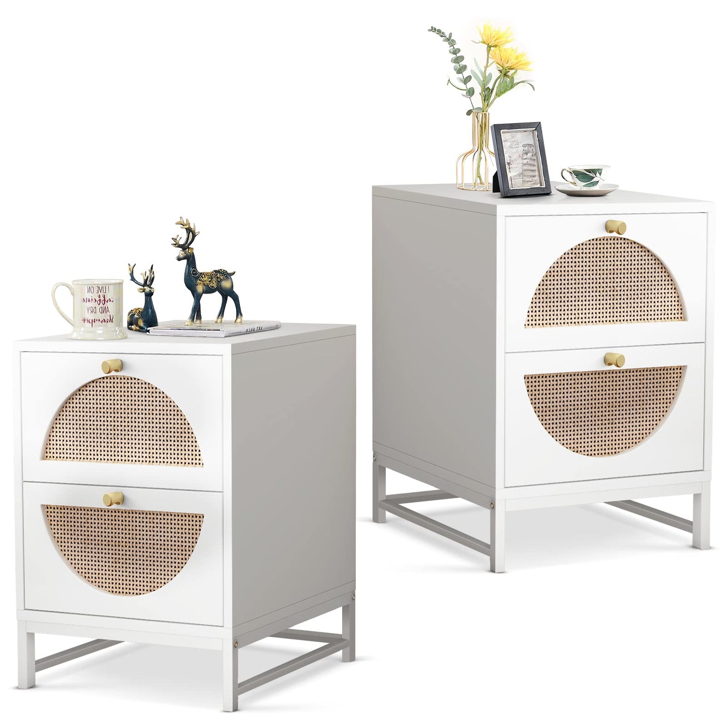 AWQM wooden rattan bedside table set of 2