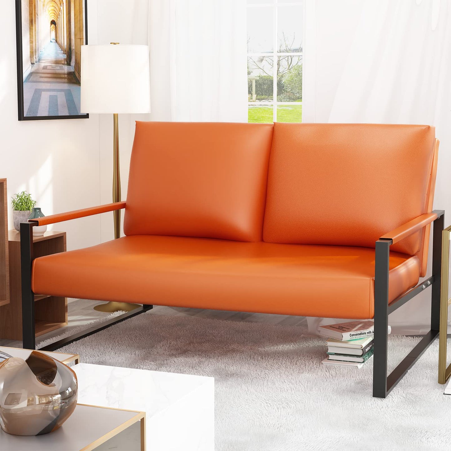 AWQM Mid-Century Modern Sectional Sofa, Upholstered Faux Leather Loveseat