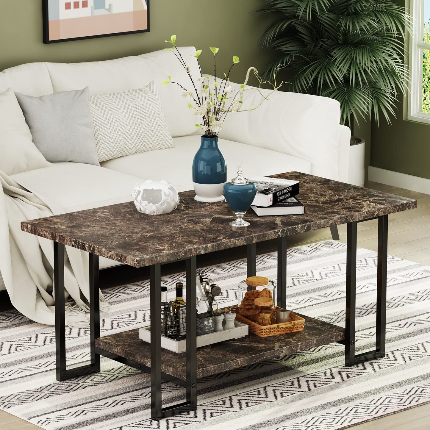 AWQM Marble Coffee Table, Faux Marble Top Rectangular Coffee Table