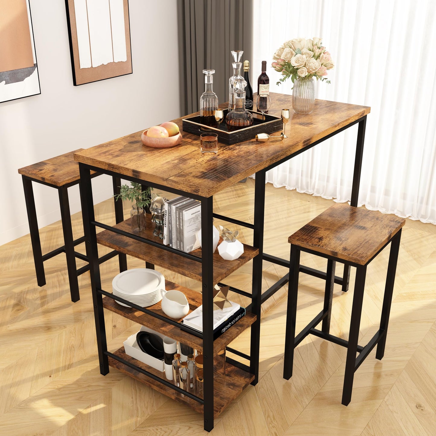 AWQM Industrial Wood 2-Person Dining Table Set with High Bar