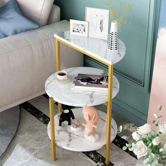 AWQM White and gold side table, 3-tier faux marble side table, small round coffee table with metal frame