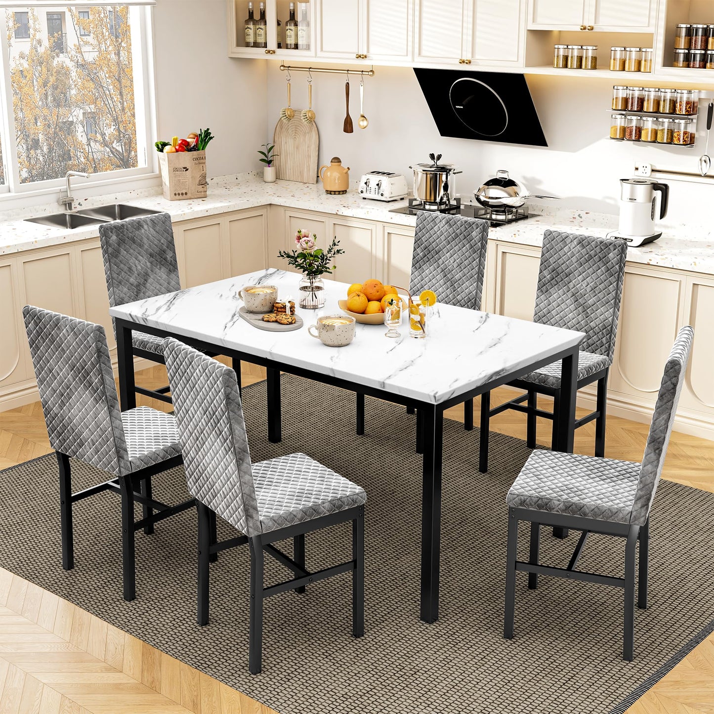 AWQM Modern Marble Kitchen Dining Table and Chairs 6 Person Dining Velvet Stools