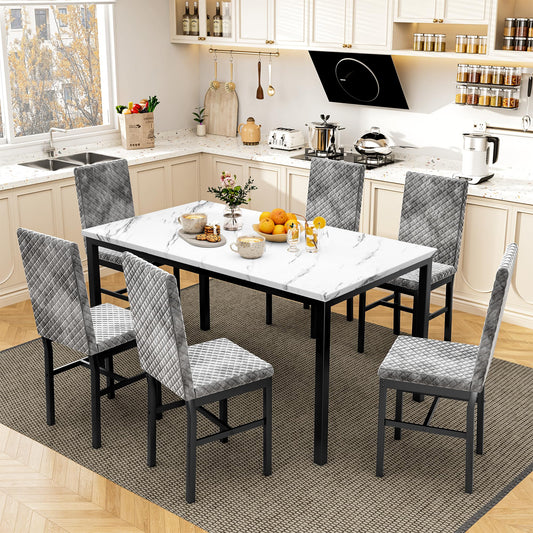 AWQM Modern Marble Kitchen Dining Table and Chairs 6 Person Dining Velvet Stools