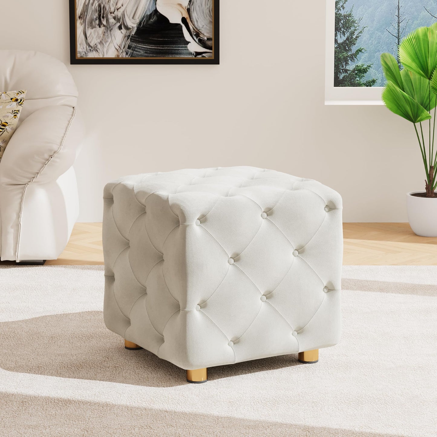 AWQM Small Velvet Ottoman, Modern Versatile Square Footstool with Metal Legs