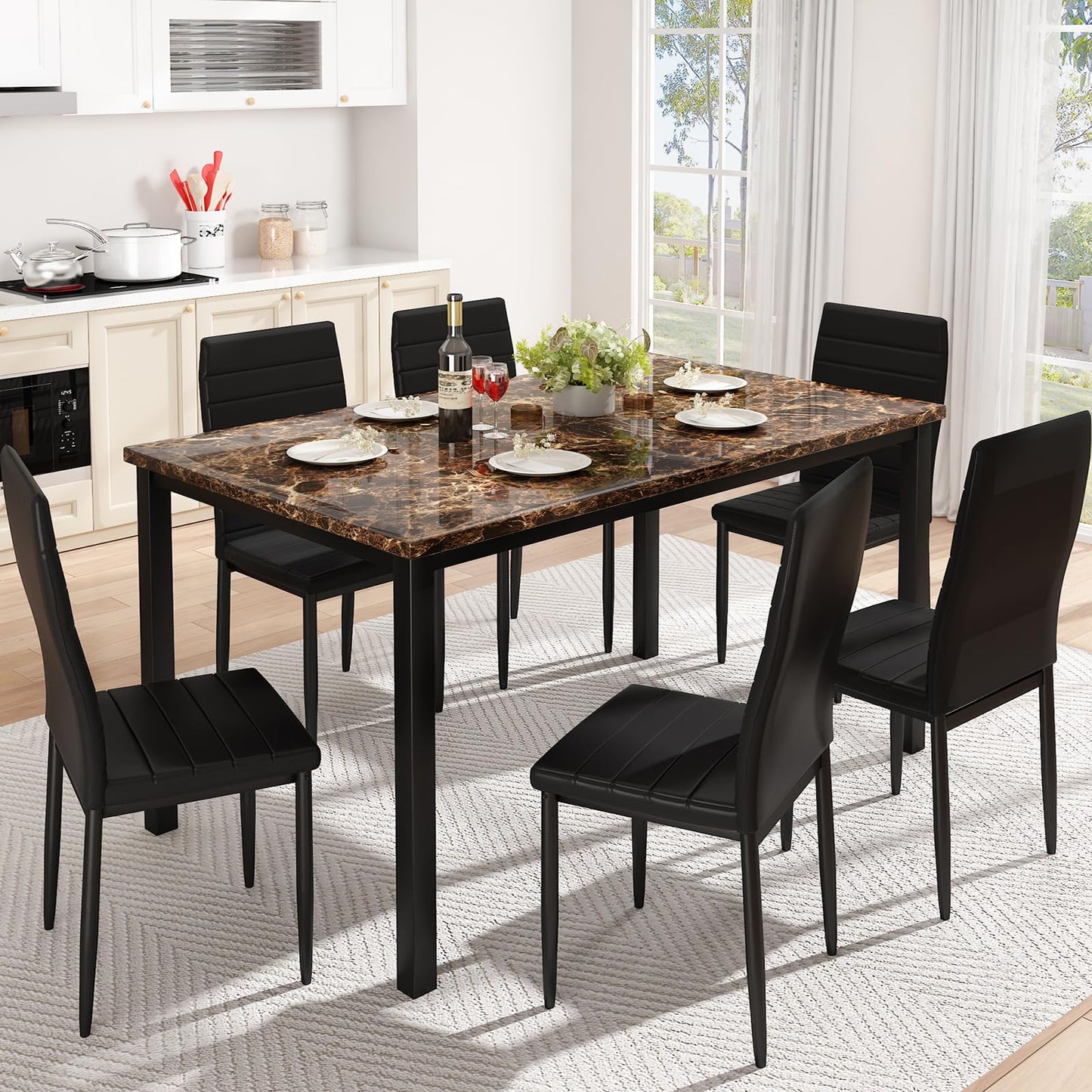 AWQM  Artificial Marble Dining Table Set 6-Person Dining Table Set