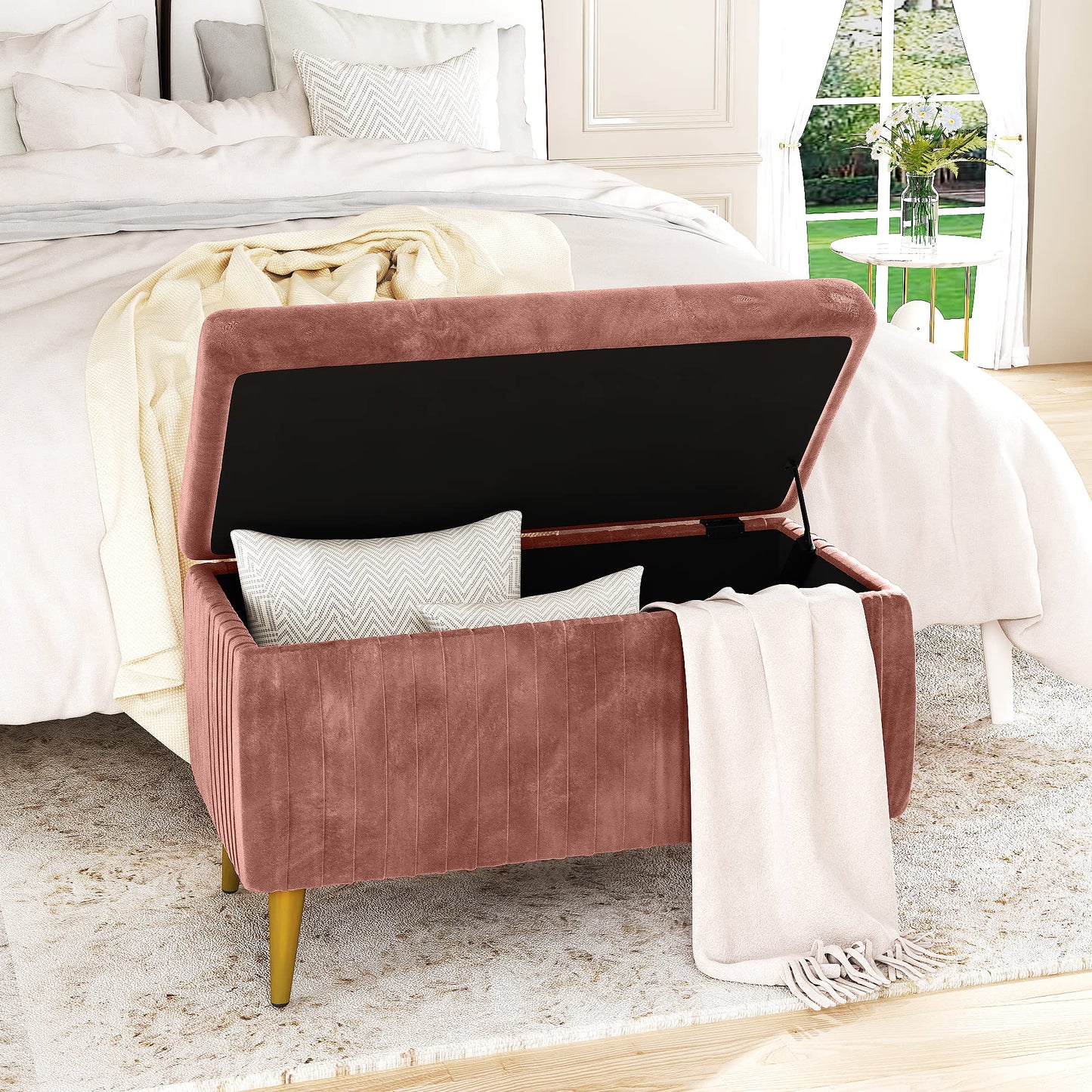 AWQM Tufted Storage Ottoman, Velvet Upholstered Storage Ottoman