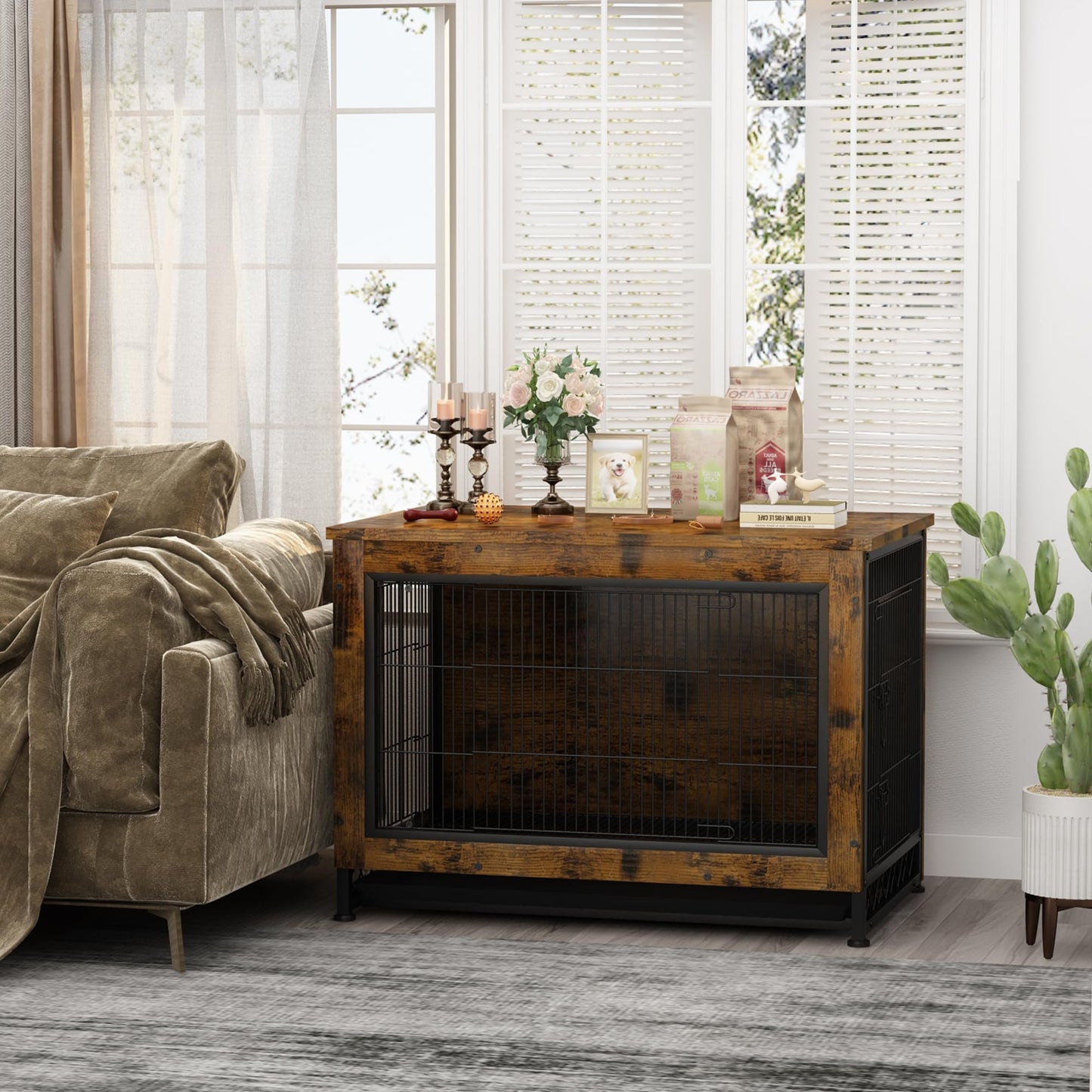 AWQM wooden dog crate furniture with pull out tray, three door dog kennel