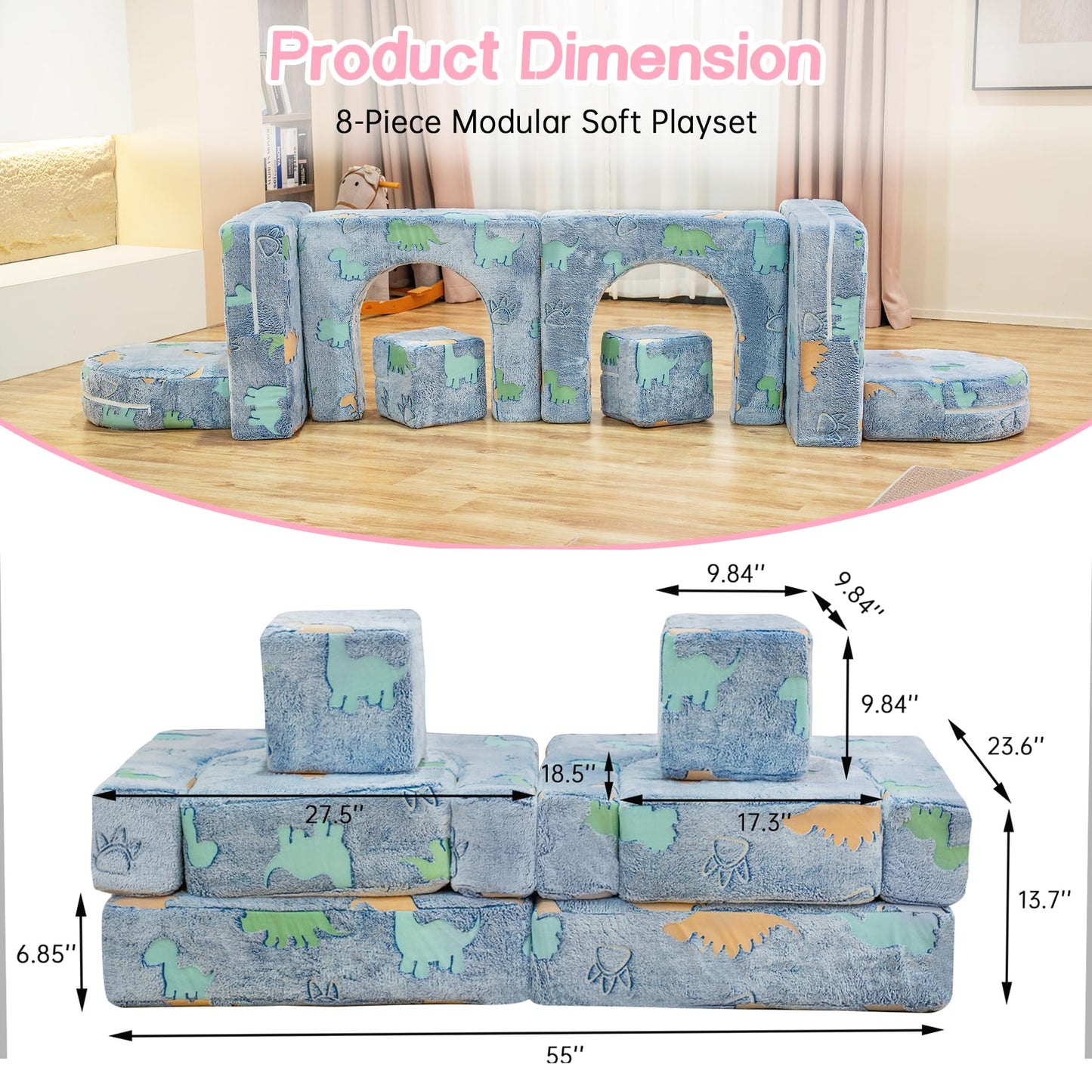 AWQM Glow-in-the-Dark Children's Sofa 8-Piece Set Modular Children's Play Sofa