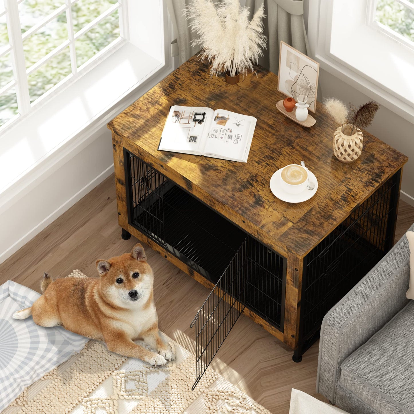AWQM wooden dog crate furniture with pull out tray, three door dog kennel
