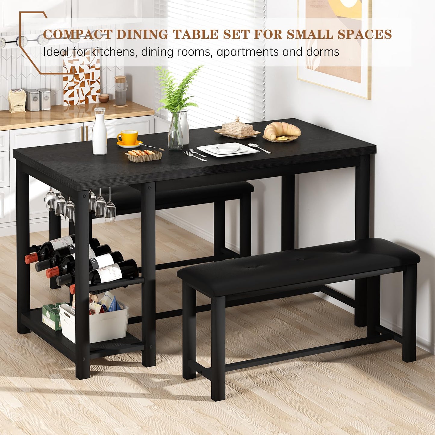 AWQM Marble Dining Table Set for 2-4 with Wine Rack, Storage Shelves
