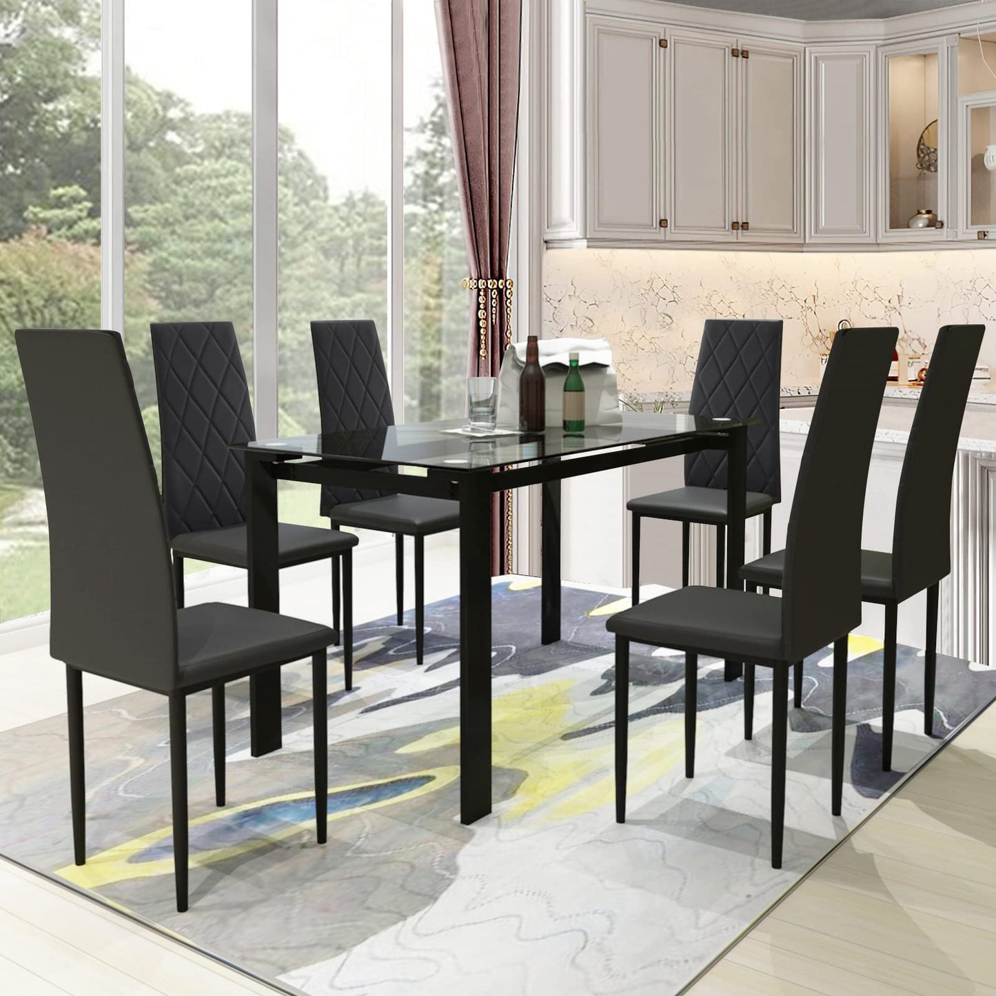 AWQM Tempered Glass Kitchen Dining Table 7 Piece Set 6 Dining Table