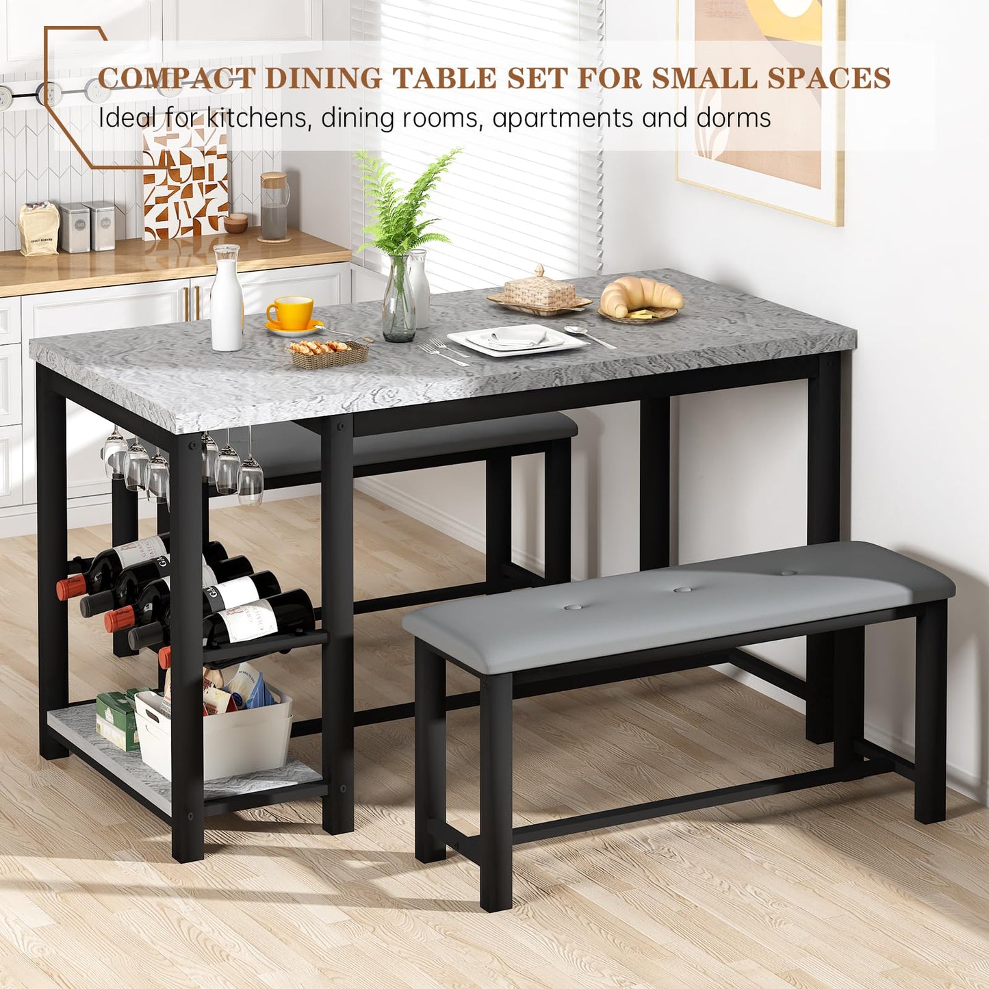 AWQM Marble Dining Table Set for 2-4 with Wine Rack, Storage Shelves