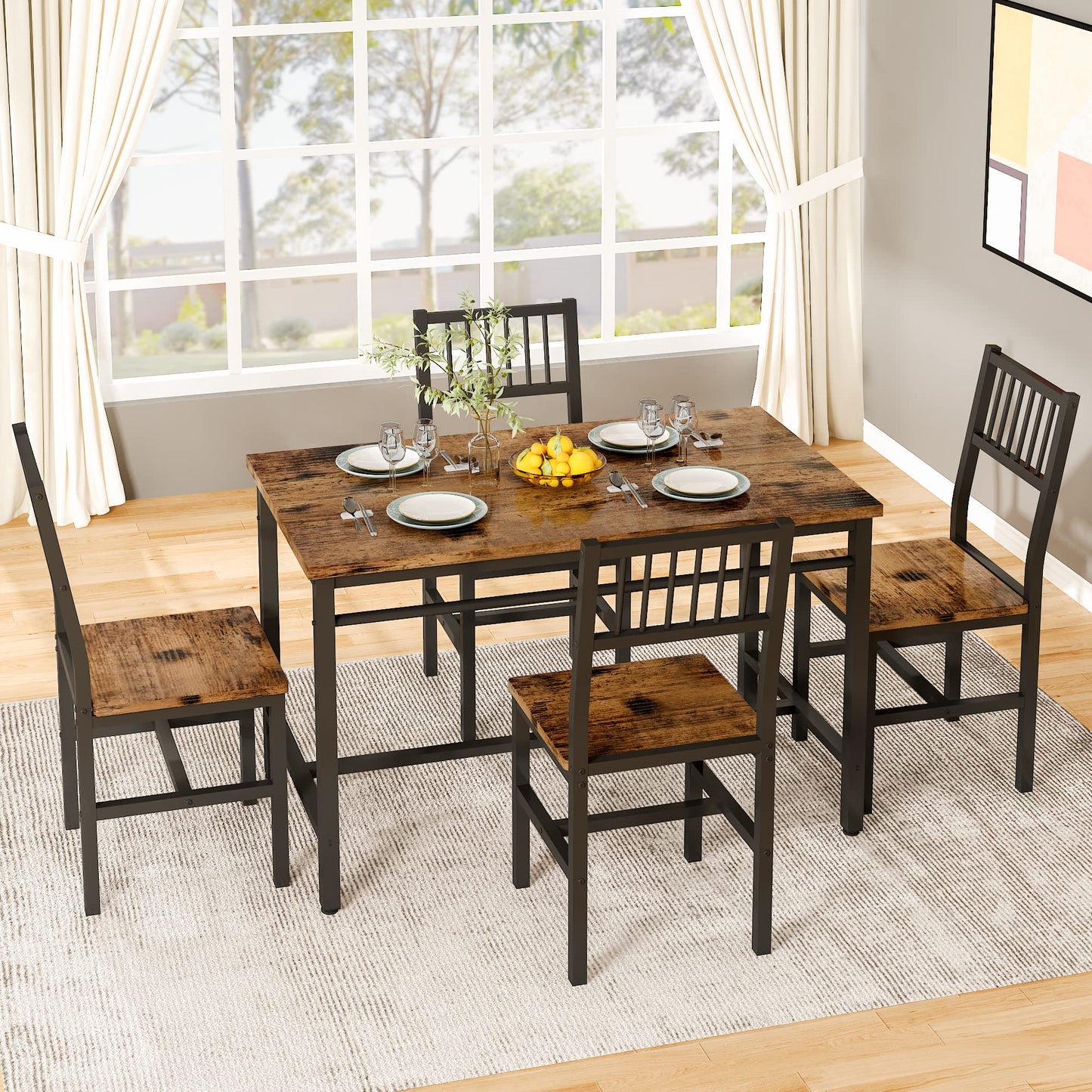 AWQM Industrial Wooden Dining Table Set for 4