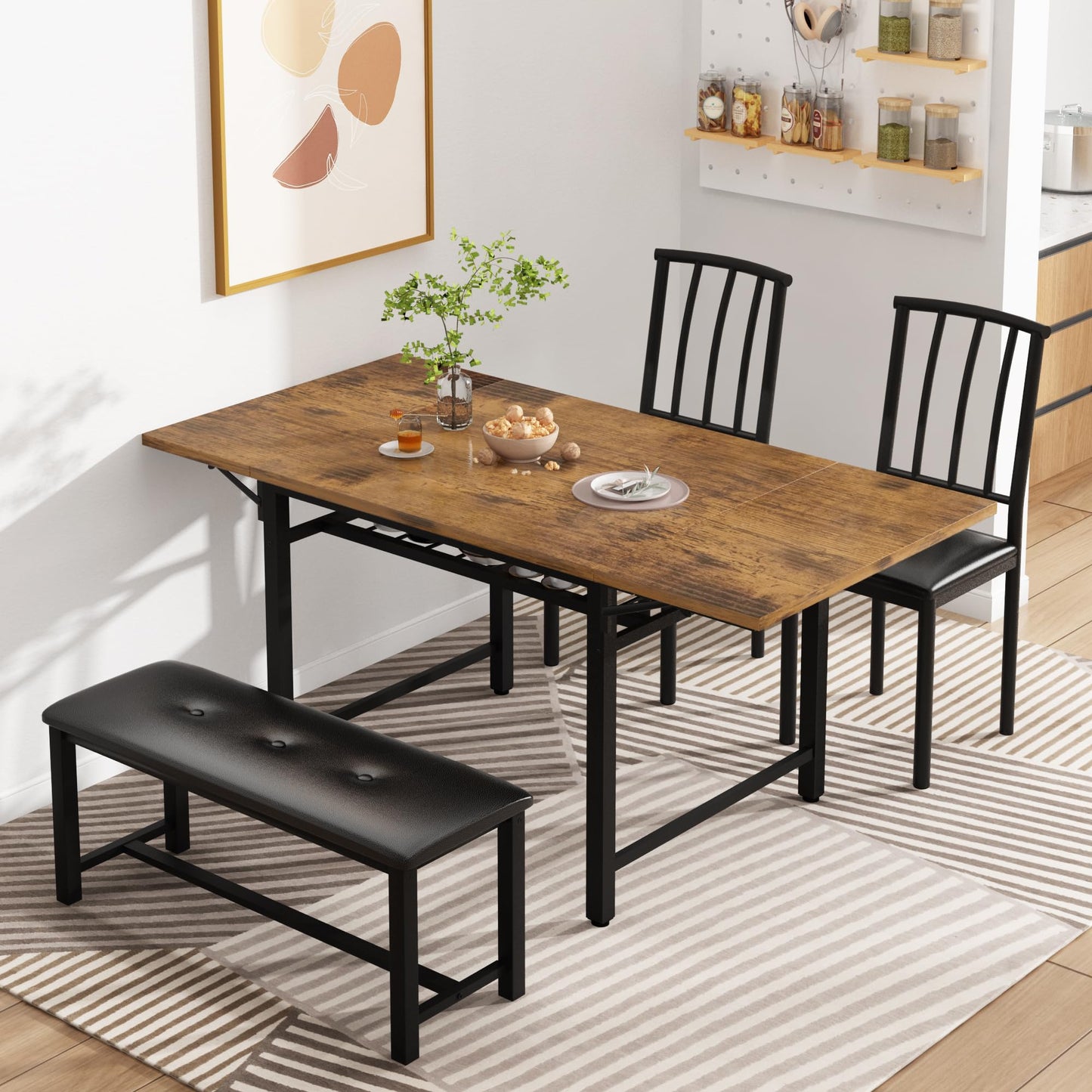 AWQM Industrial Wood 4-Piece Faux Wood Folding Leaf Dining Table Set with Storage Rack