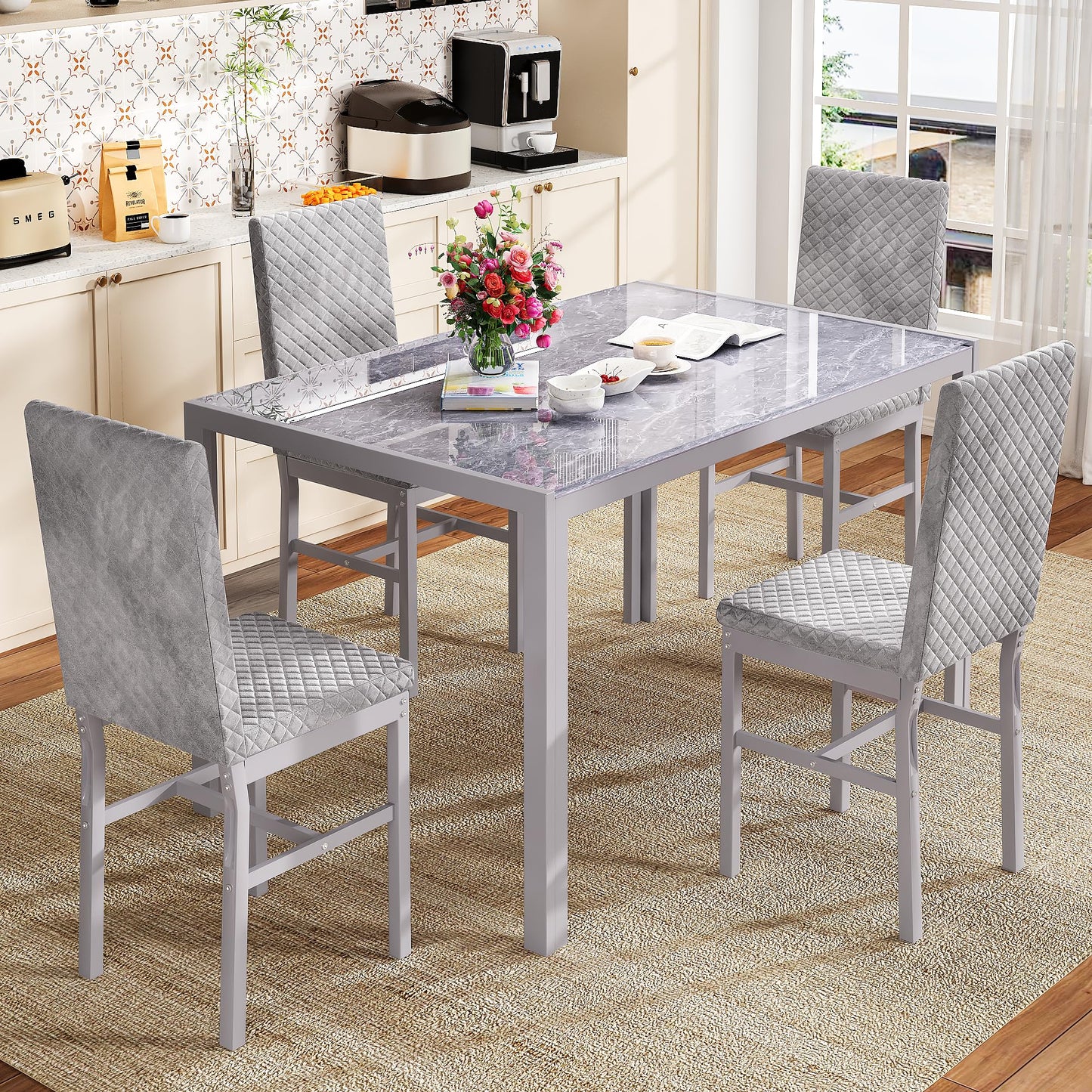 AWQM Glass Dining Table and Velvet Dining Chairs 4-Person Dining Table Set