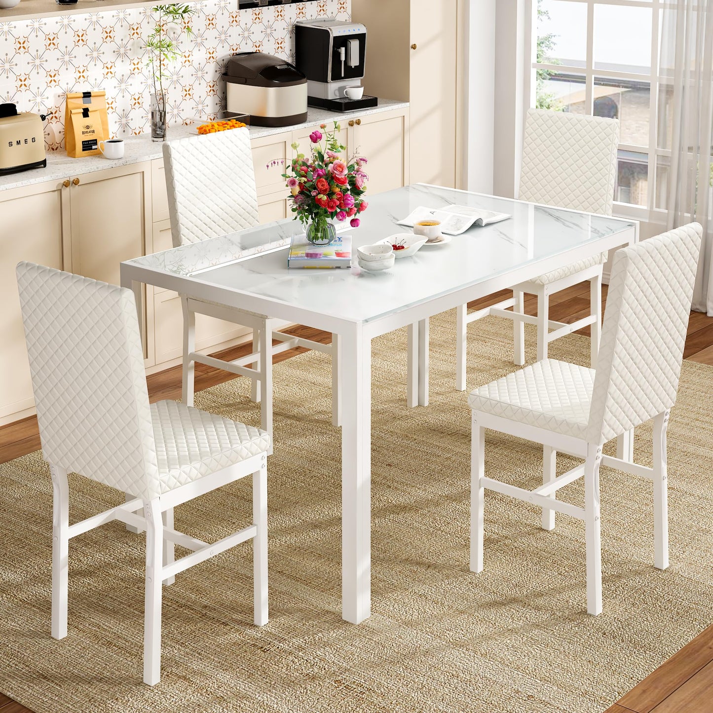 AWQM Glass Dining Table and Velvet Dining Chairs 4-Person Dining Table Set