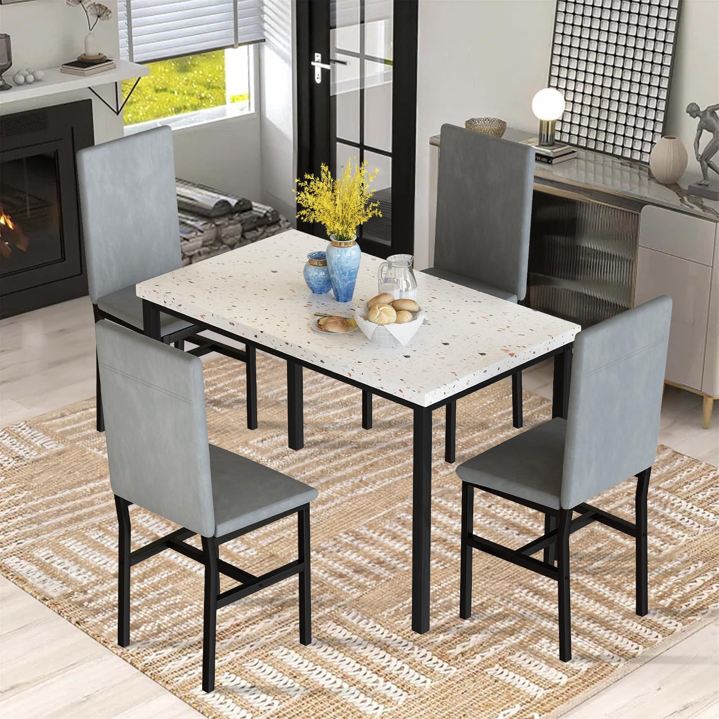 AWQM Modern Style Faux Marble Velvet Chairs Dining Table for 4