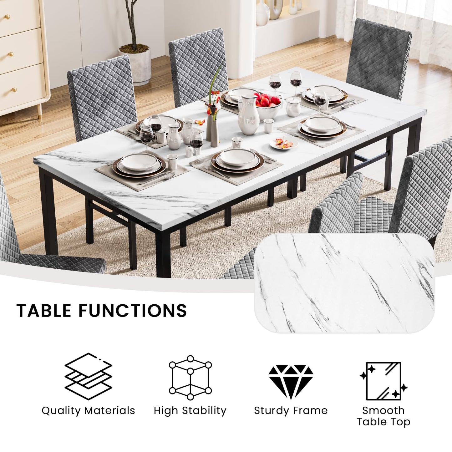 AWQM Modern Marble Kitchen Dining Table and Chairs 6 Person Dining Velvet Stools