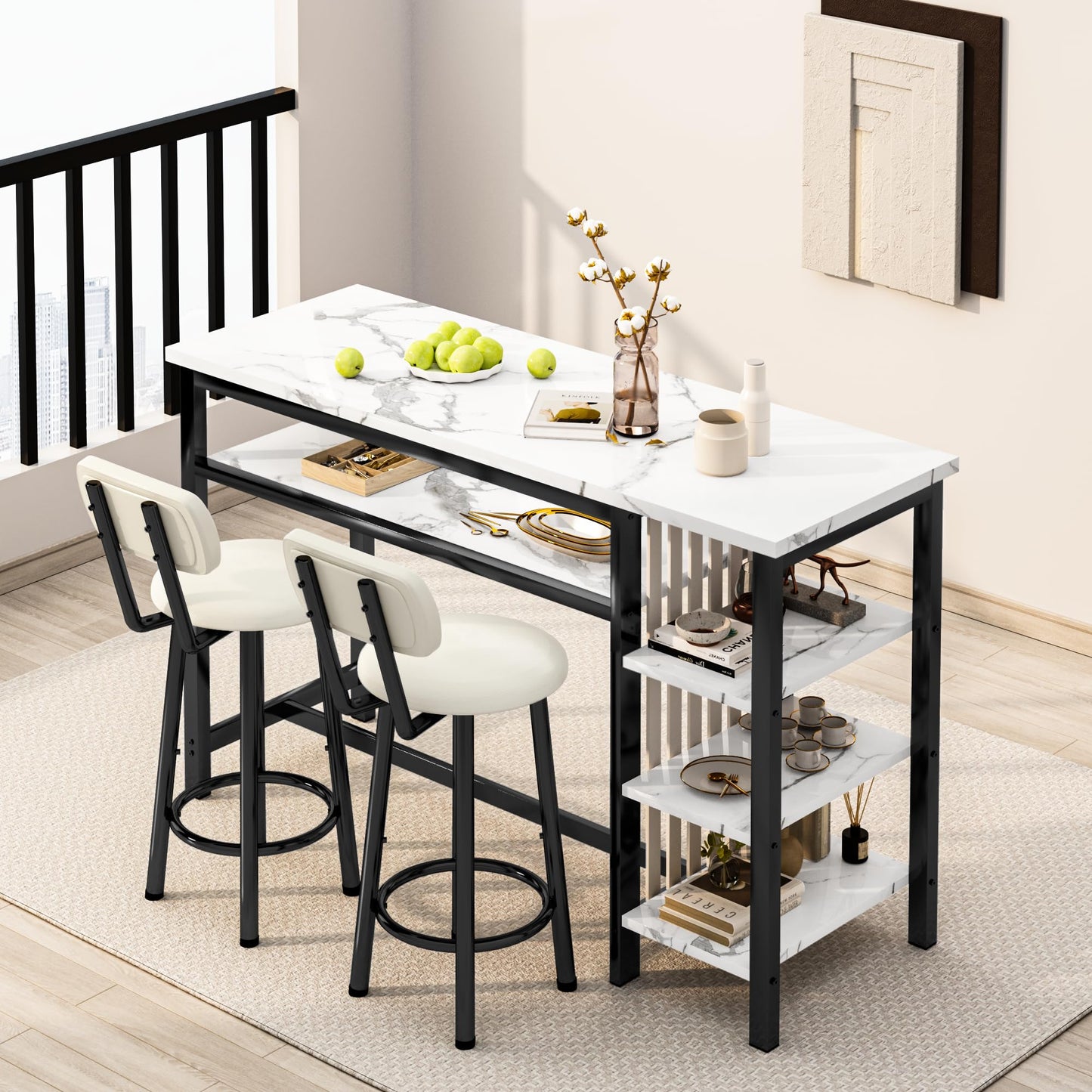 AWQM Marble 3 Piece Bar Table and Chairs Set, 2 PU Cushion Bar Stools