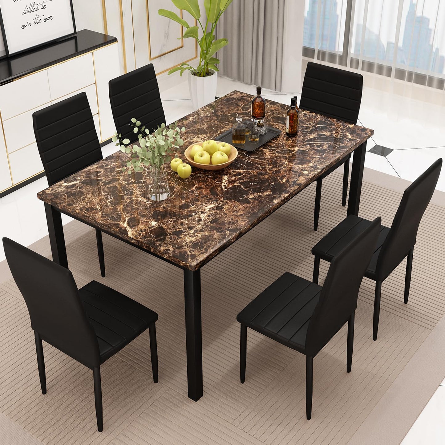 AWQM  Artificial Marble Dining Table Set 6-Person Dining Table Set