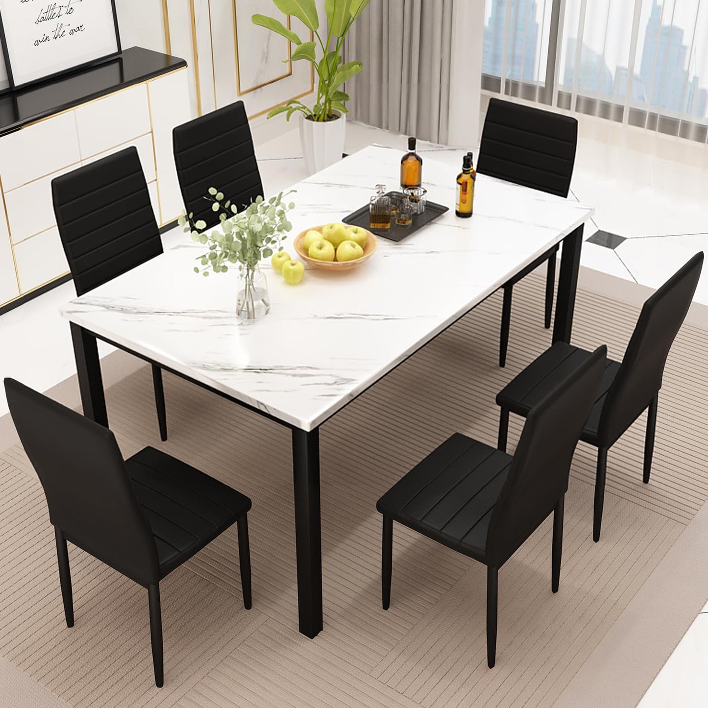 AWQM  Artificial Marble Dining Table Set 6-Person Dining Table Set