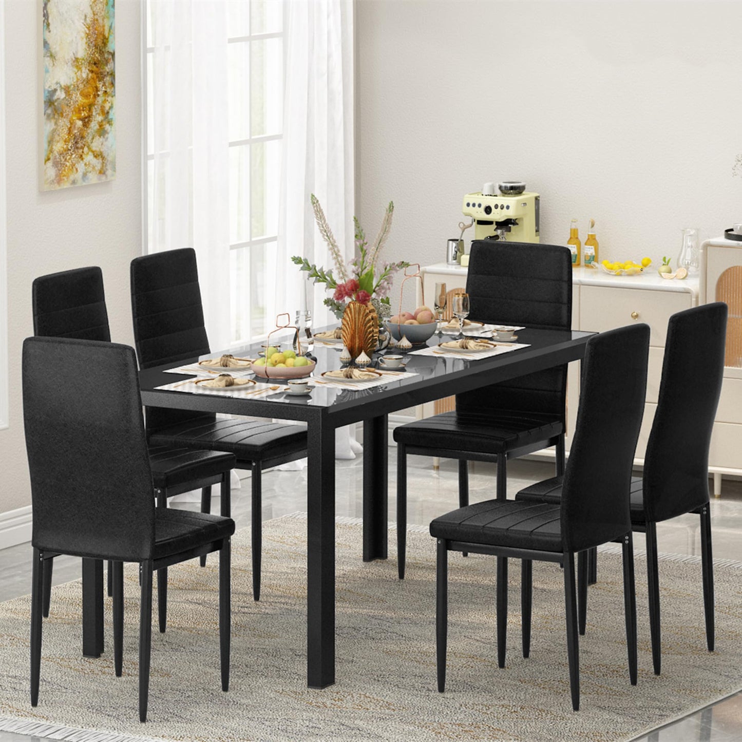 AWQM Glass Dining Table, Set of 7, Dining Table for 6