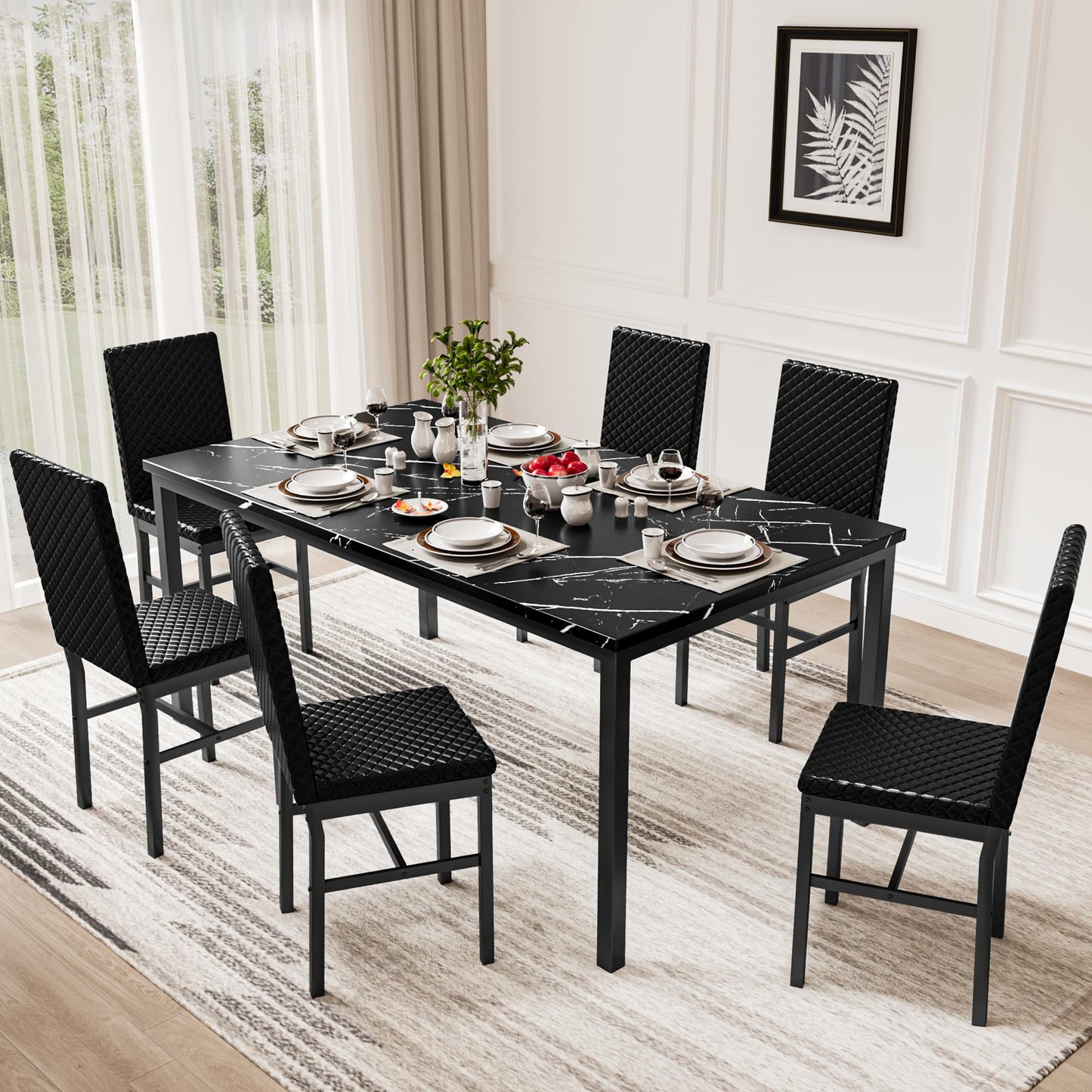 AWQM Modern Marble Kitchen Dining Table and Chairs 6 Person Dining Velvet Stools
