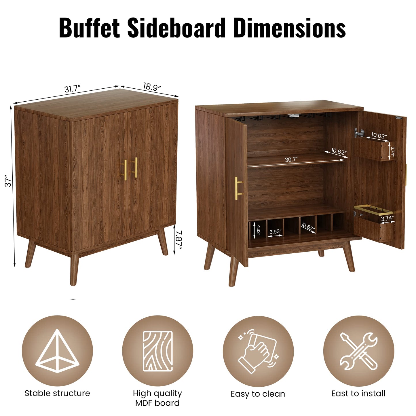 AWQM Wine Cooler with Wine Rack and Glass Holder, Freestanding Buffet Sideboard