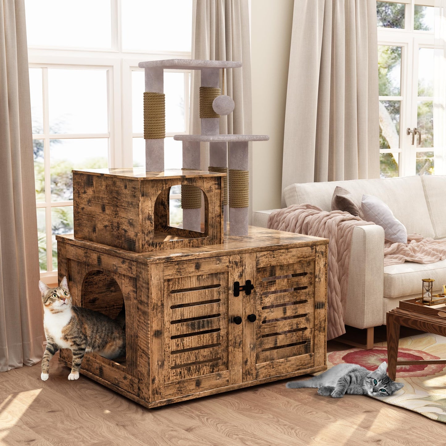AWQM Cat Tree with Litter Box Enclosure Partition Hidden Litter Box