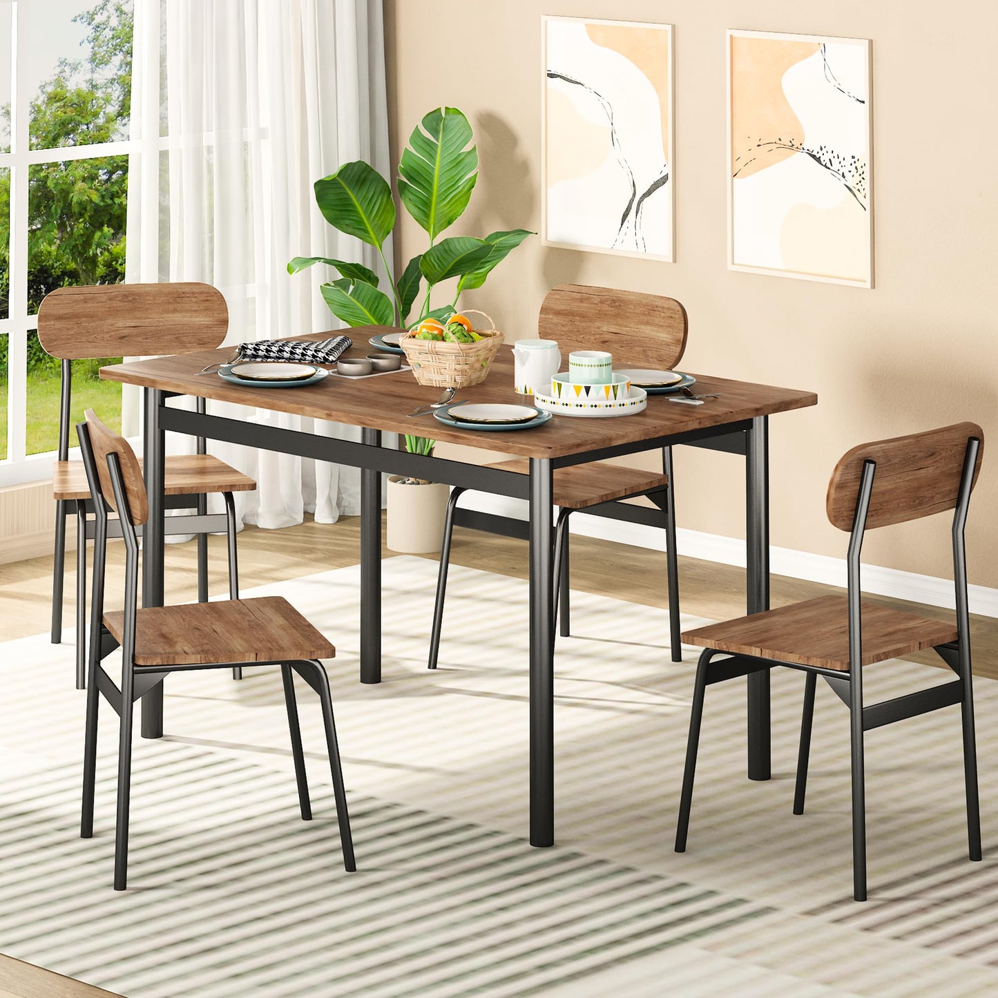 AWQM Industrial Wood Metal Dining Table Set 4 Person Dining Table