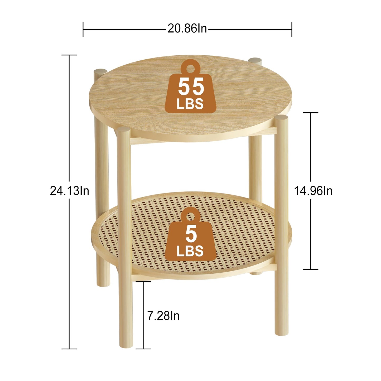 AWQM 2-tier round coffee table, rattan bedside table small bedside table