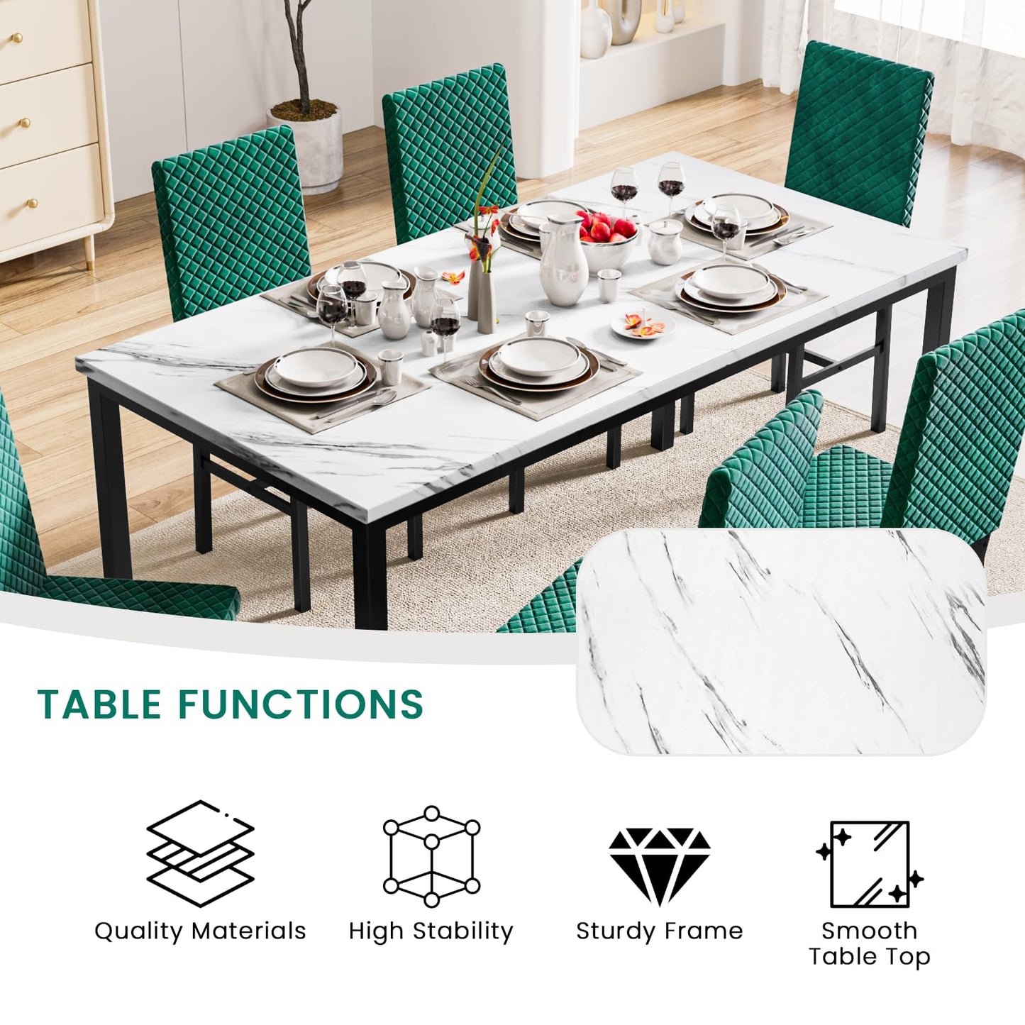 AWQM Modern Marble Kitchen Dining Table and Chairs 6 Person Dining Velvet Stools