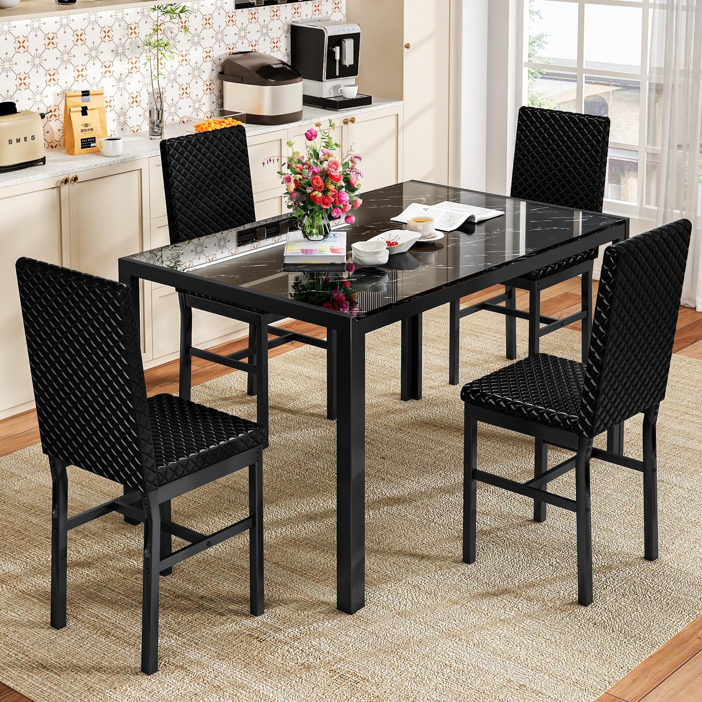AWQM Glass Dining Table and Velvet Dining Chairs 4-Person Dining Table Set