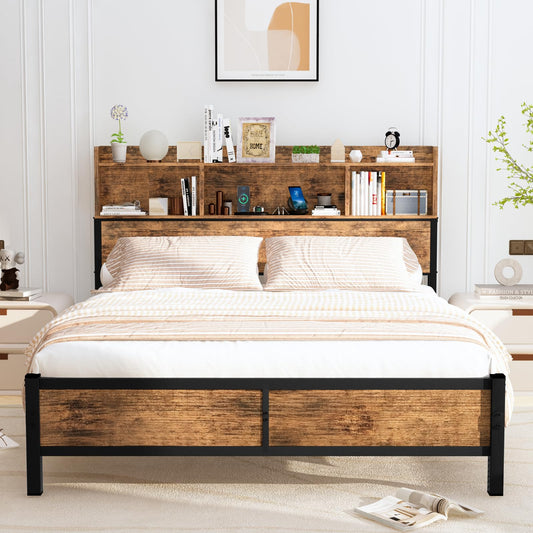 AWQM Industrial Wood Bed Frame, Storage Headboard and Charging Station