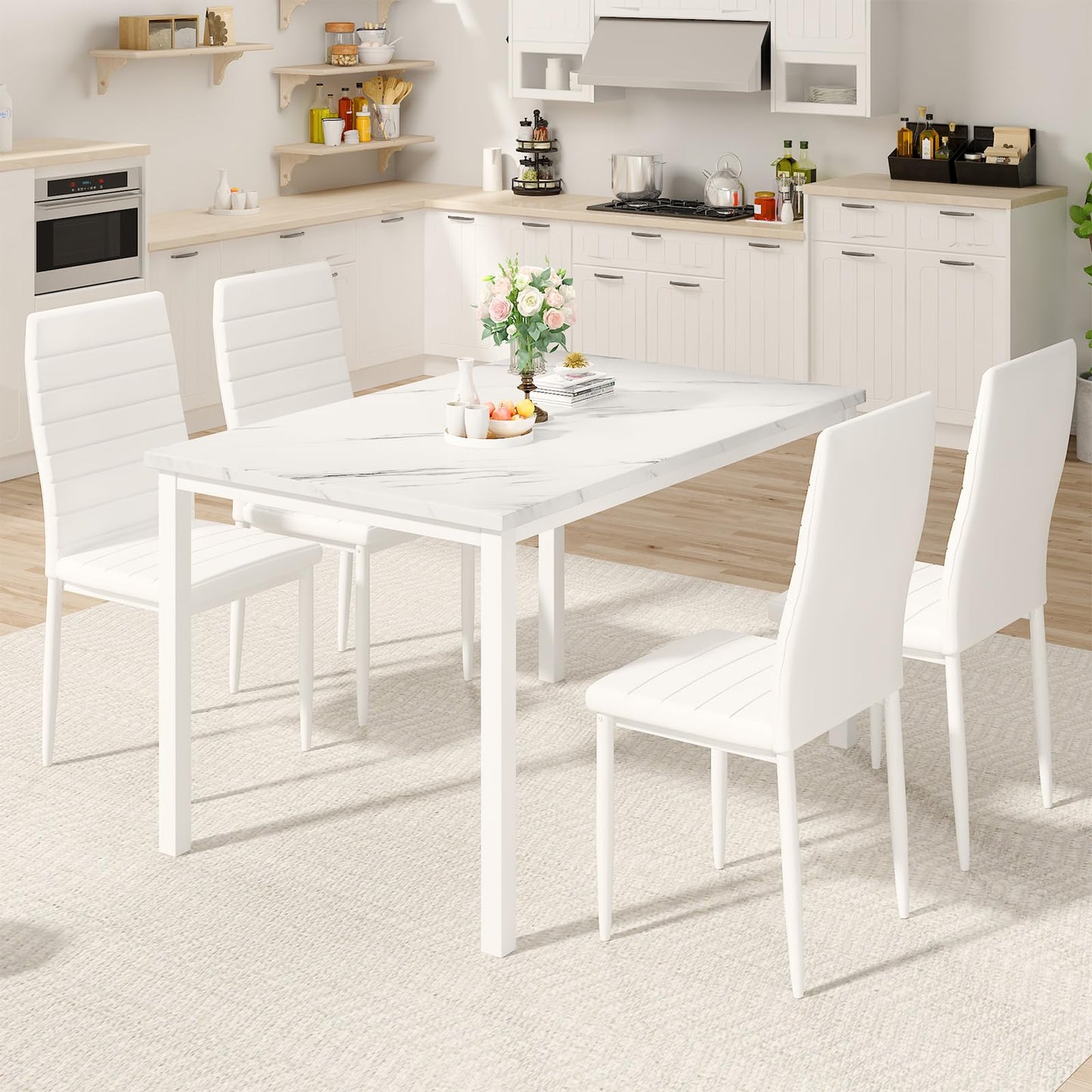 AWQM 5 Piece Set, Faux Marble 4 Person Dining Table and Chairs