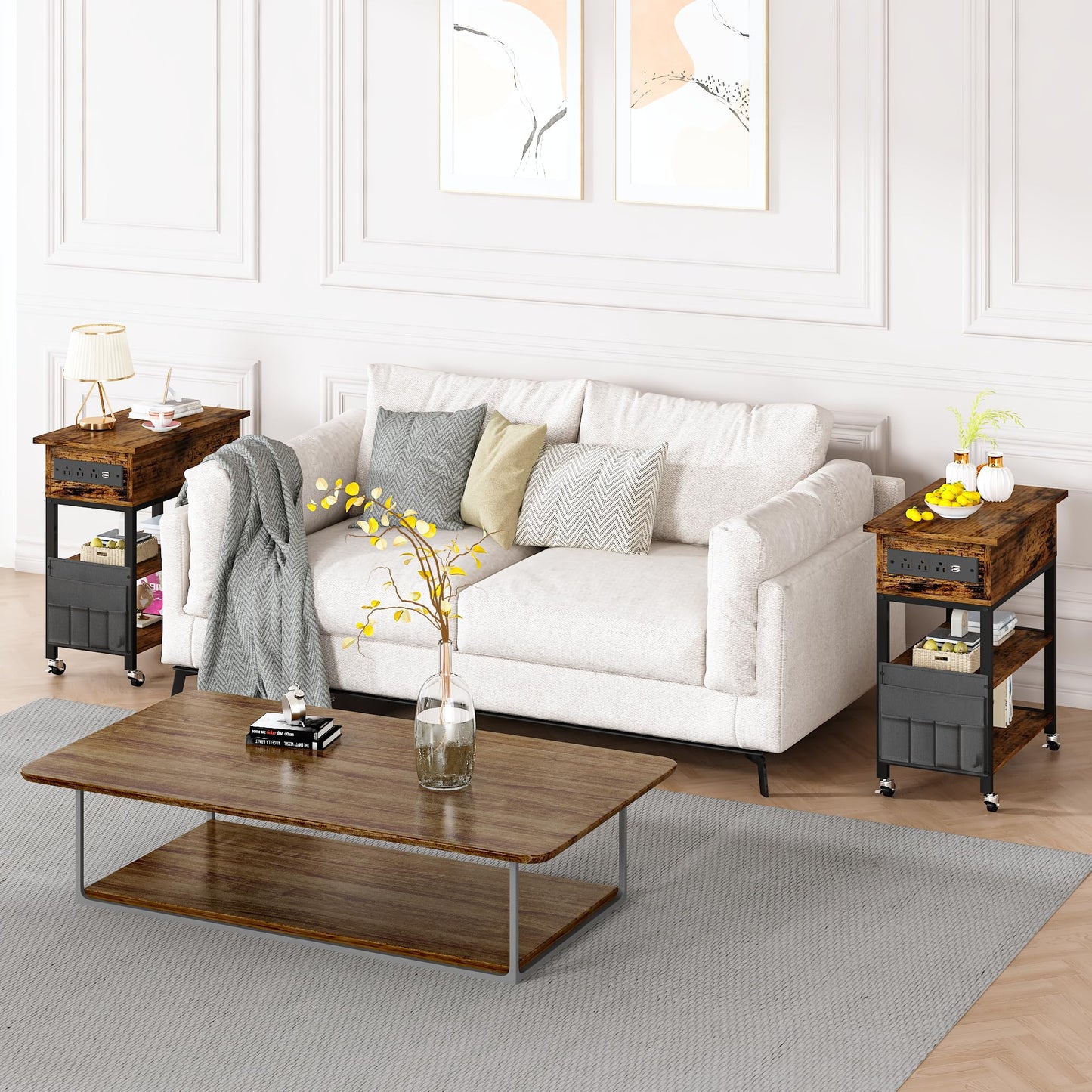 AWQM  Side table with charging column 2 PCS Flip-top side table