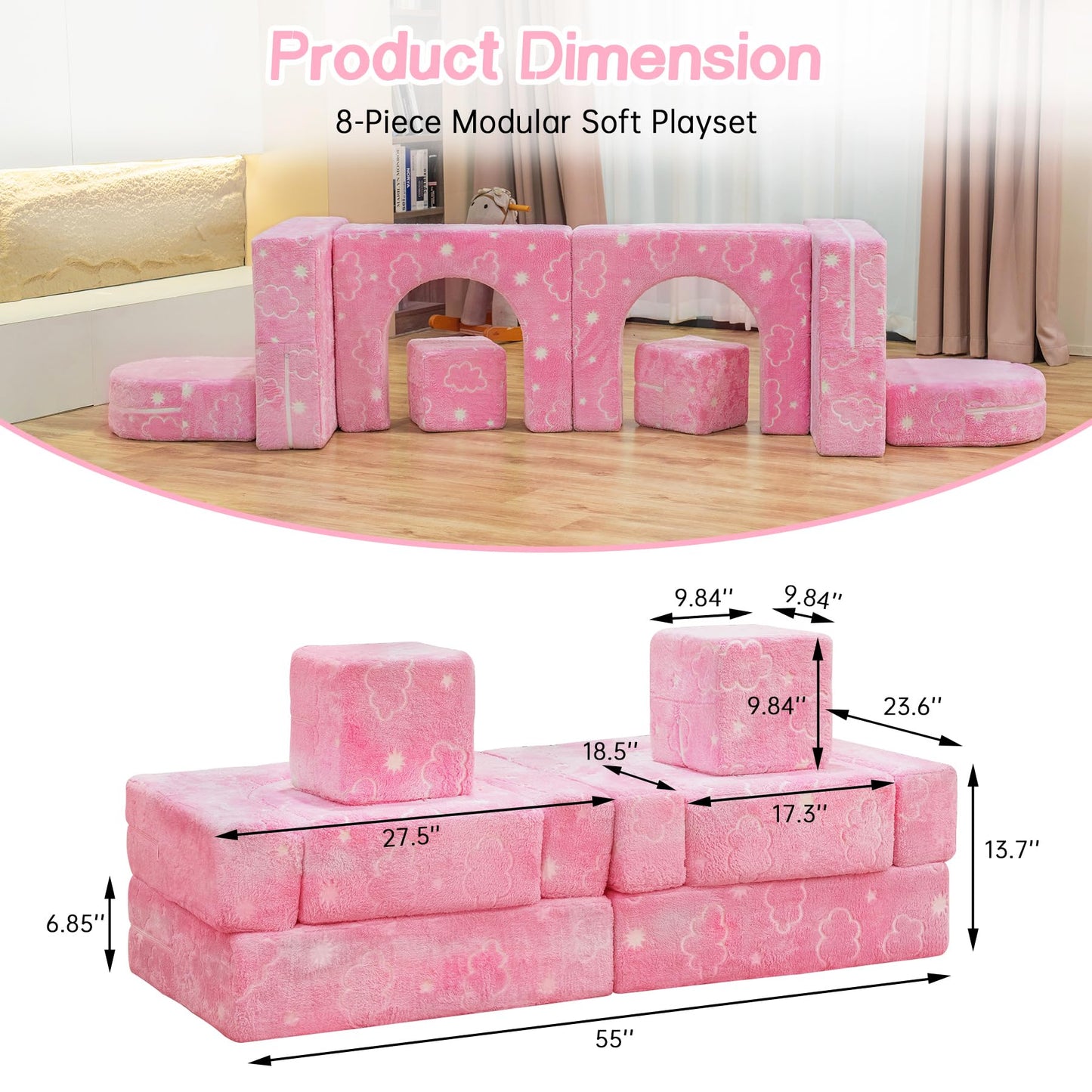 AWQM Glow-in-the-Dark Children's Sofa 8-Piece Set Modular Children's Play Sofa