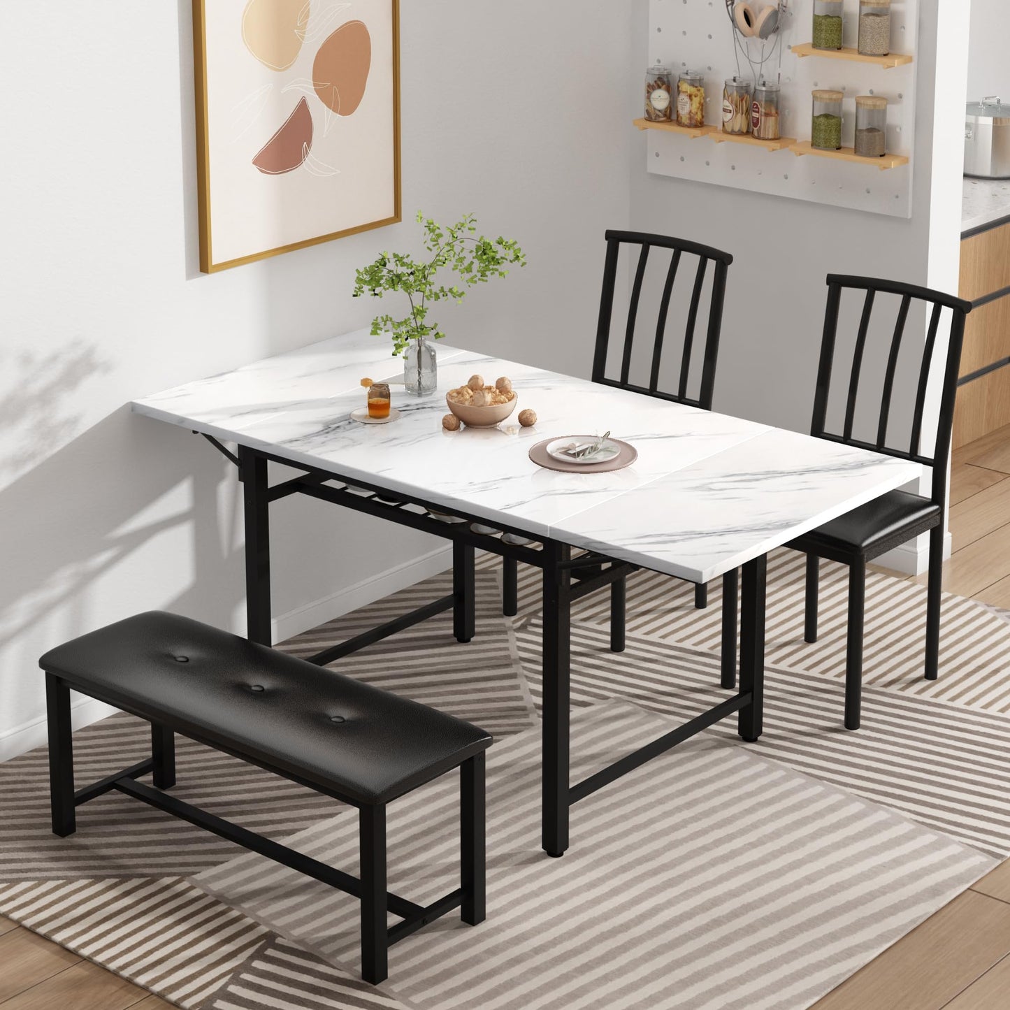 AWQM Industrial Wood 4-Piece Faux Wood Folding Leaf Dining Table Set with Storage Rack