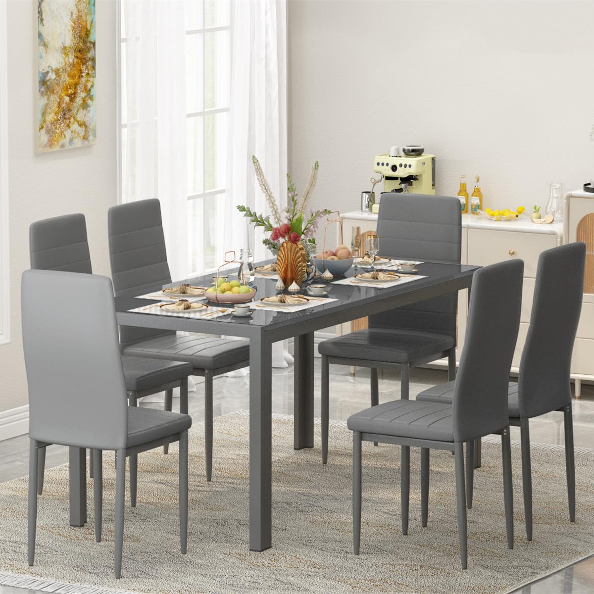 AWQM Glass Dining Table, Set of 7, Dining Table for 6