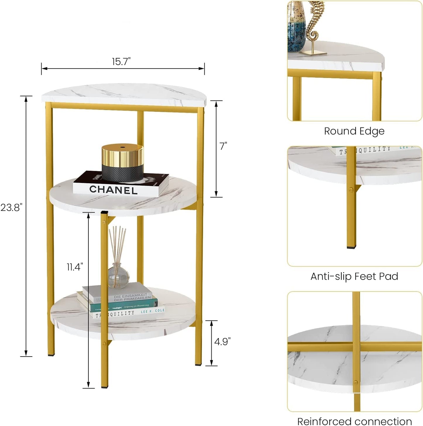 AWQM White and gold side table, 3-tier faux marble side table, small round coffee table with metal frame