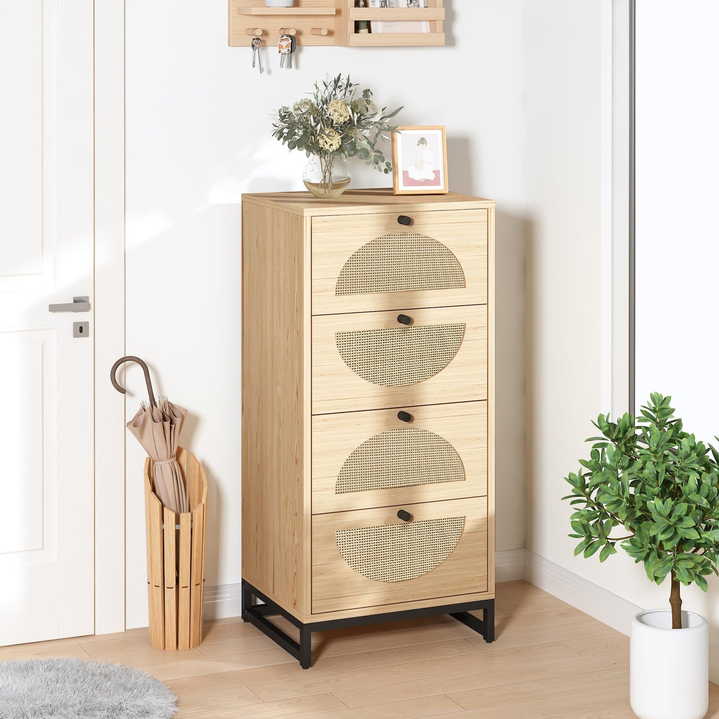 AWQM Rattan Chest, 4 Drawer Dresser, Tall Wooden Nightstand with Metal Base