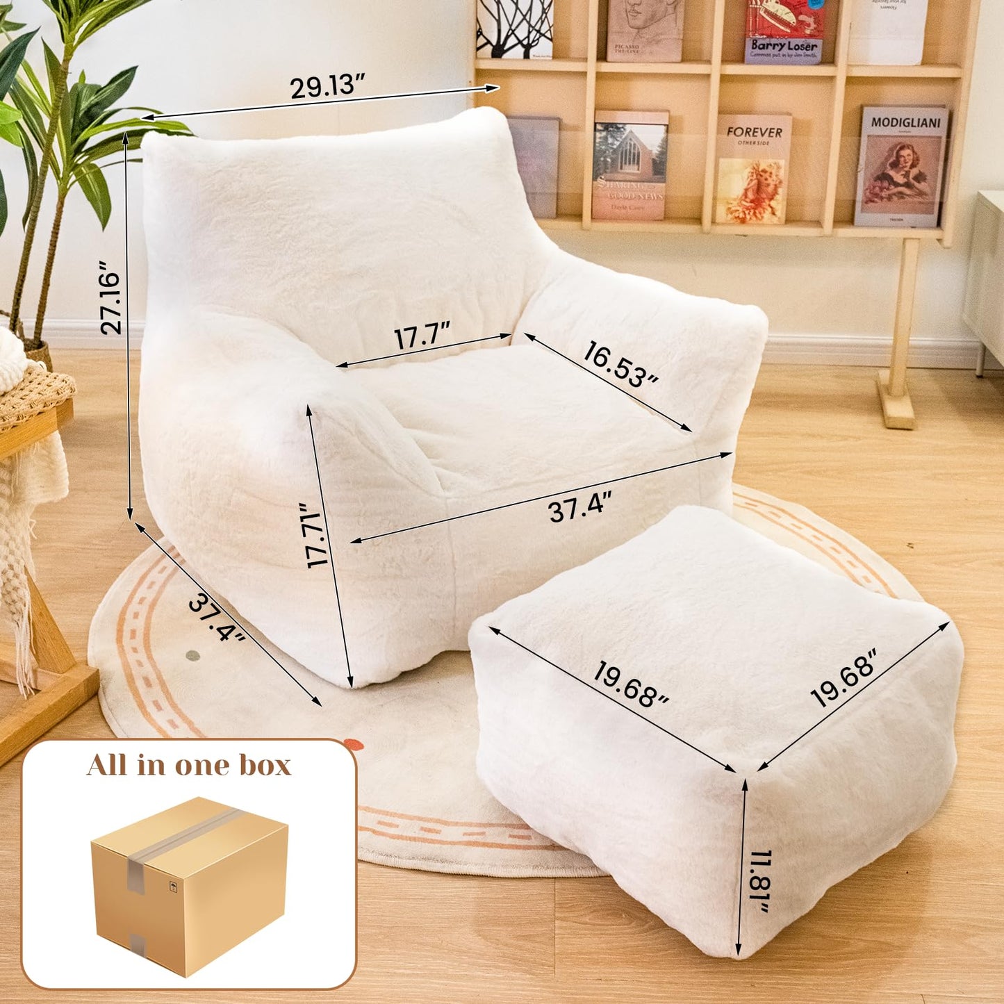 AWQM Bean Bag Chair with Footstool, Bean Bag Chair with Padded Arms