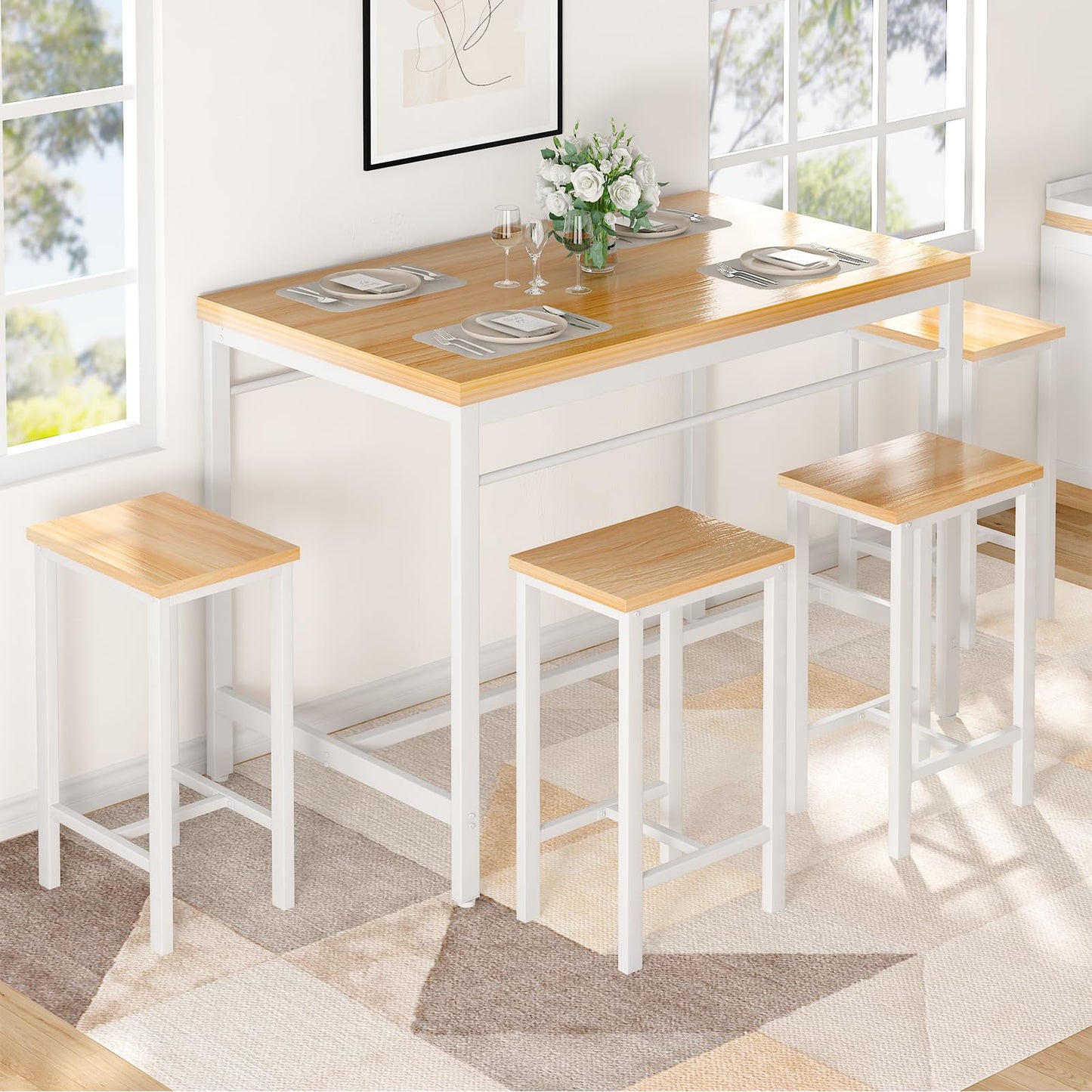 AWQM Industrial High Bar Table and Chair Set 5 Piece Dining Table for 4 Persons