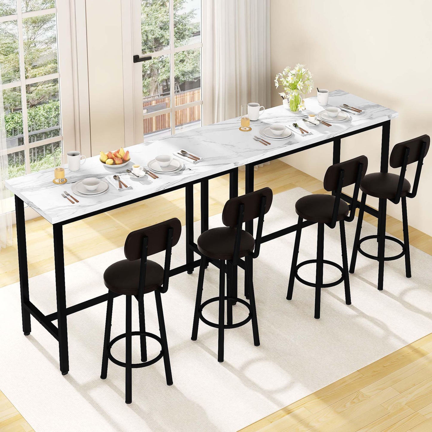 AWQM, 47-Inch Rectangular Kitchen Marble Table and Chair Set with PU Leather Stools