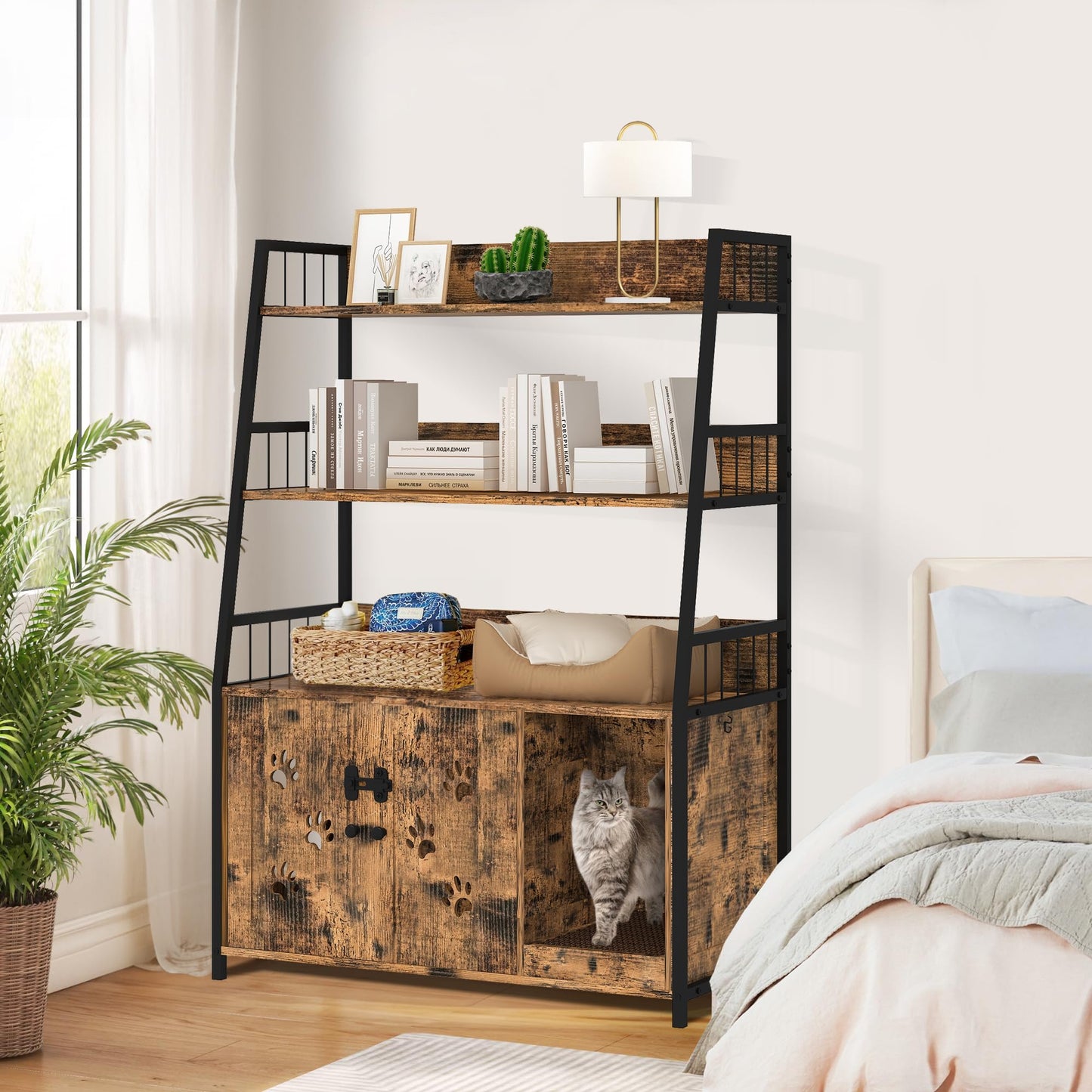 AWQM Large Wooden Cat Litter Box with Hooks and Anti-Scratch Hooks