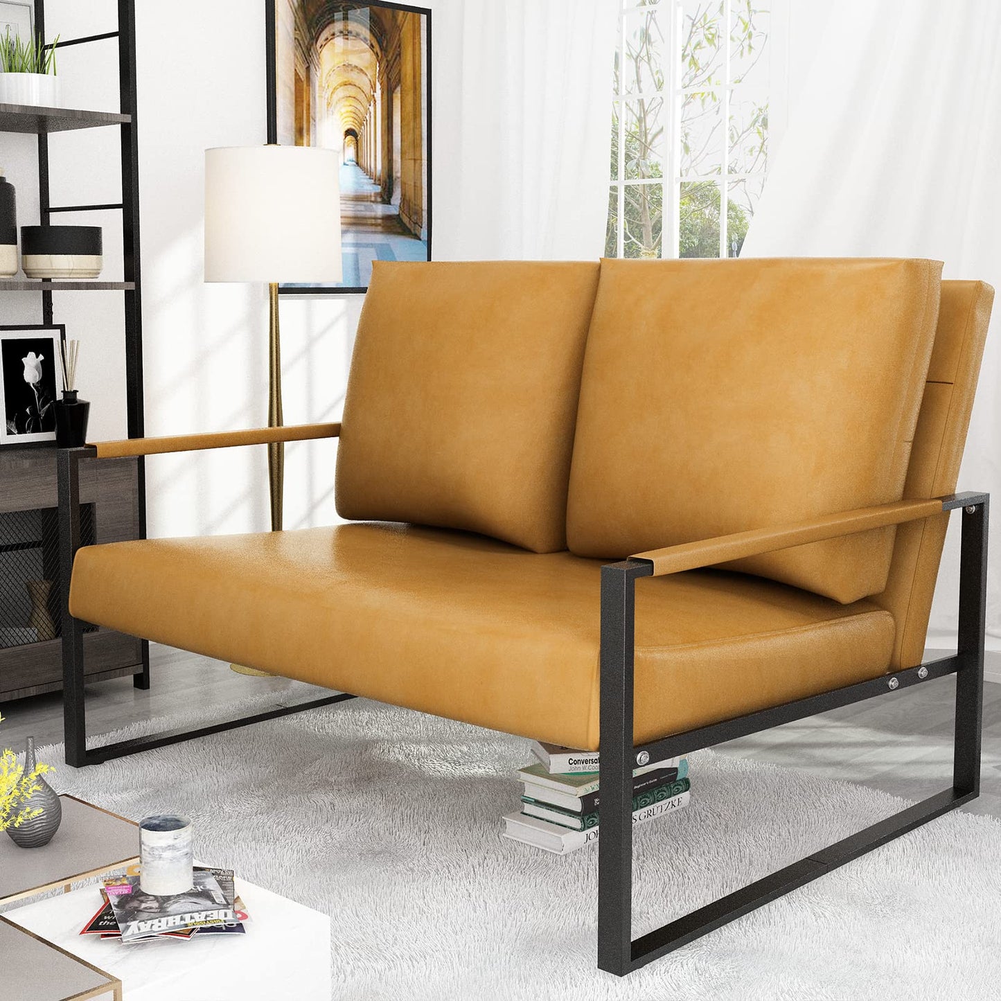 AWQM Mid-Century Modern Sectional Sofa, Upholstered Faux Leather Loveseat