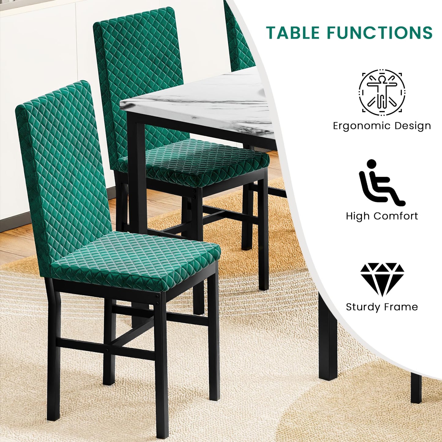 AWQM Modern Marble Kitchen Dining Table and Chairs 6 Person Dining Velvet Stools