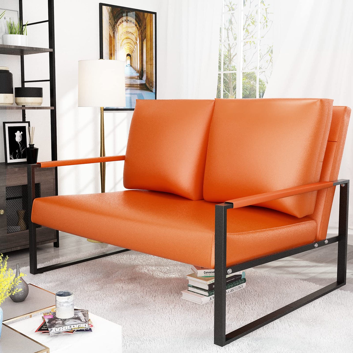 AWQM Mid-Century Modern Sectional Sofa, Upholstered Faux Leather Loveseat