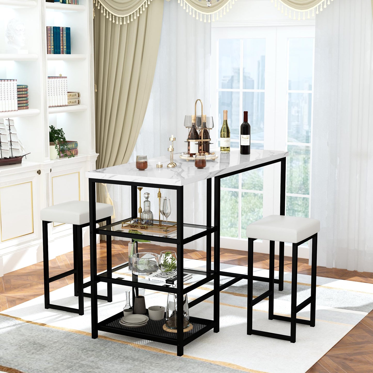 AWQM Marble Kitchen Island Bar 3 Piece Dining Table Set for 2 with 2 Velvet Stools